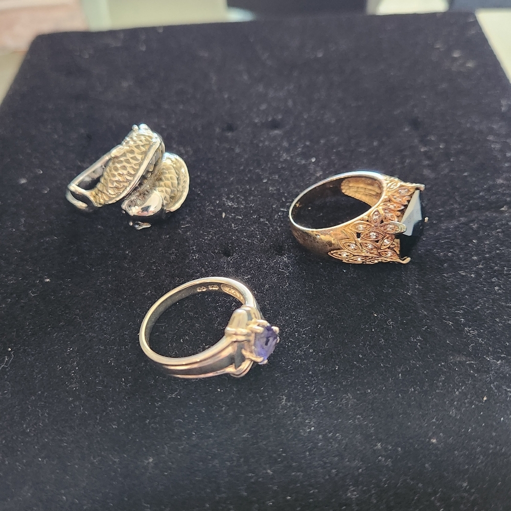 3 Ring Bundle Sale! Iolite, Black Cz And Harmony Fish. All Size 10
